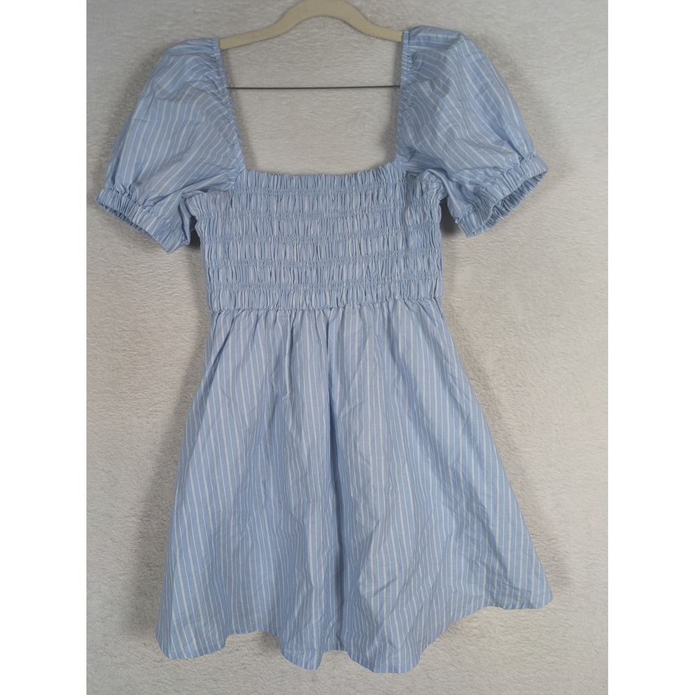 Celebrity Pink Dress Women's Small Blue Striped Smocked Puff Sleeve Mini